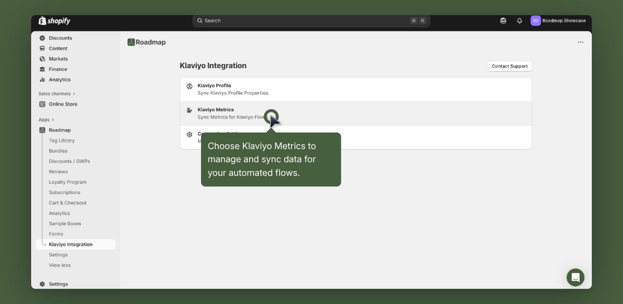 Klaviyo Integration view showing the Klaviyo Metrics option for syncing data used in flows