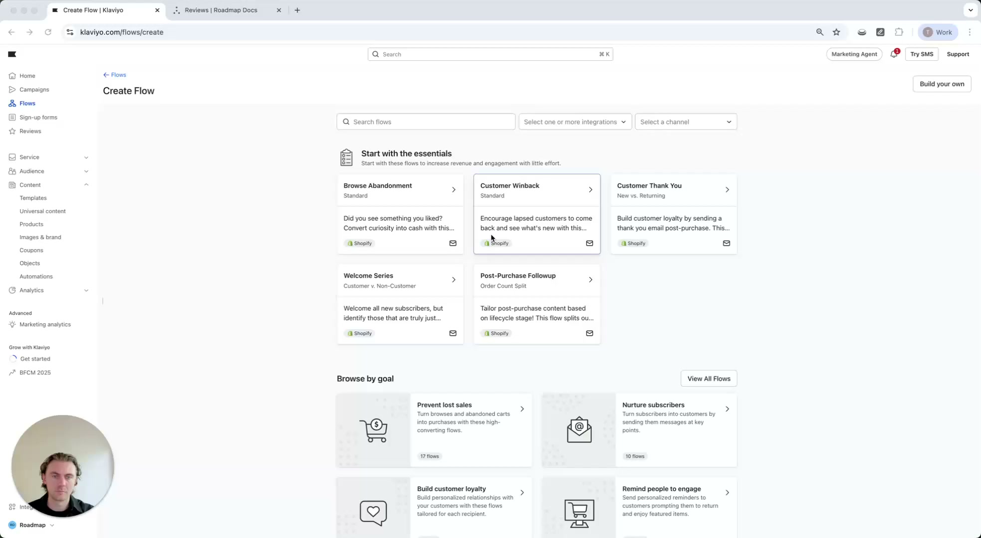 Klaviyo Create Flow page with essential templates and the Build your own option