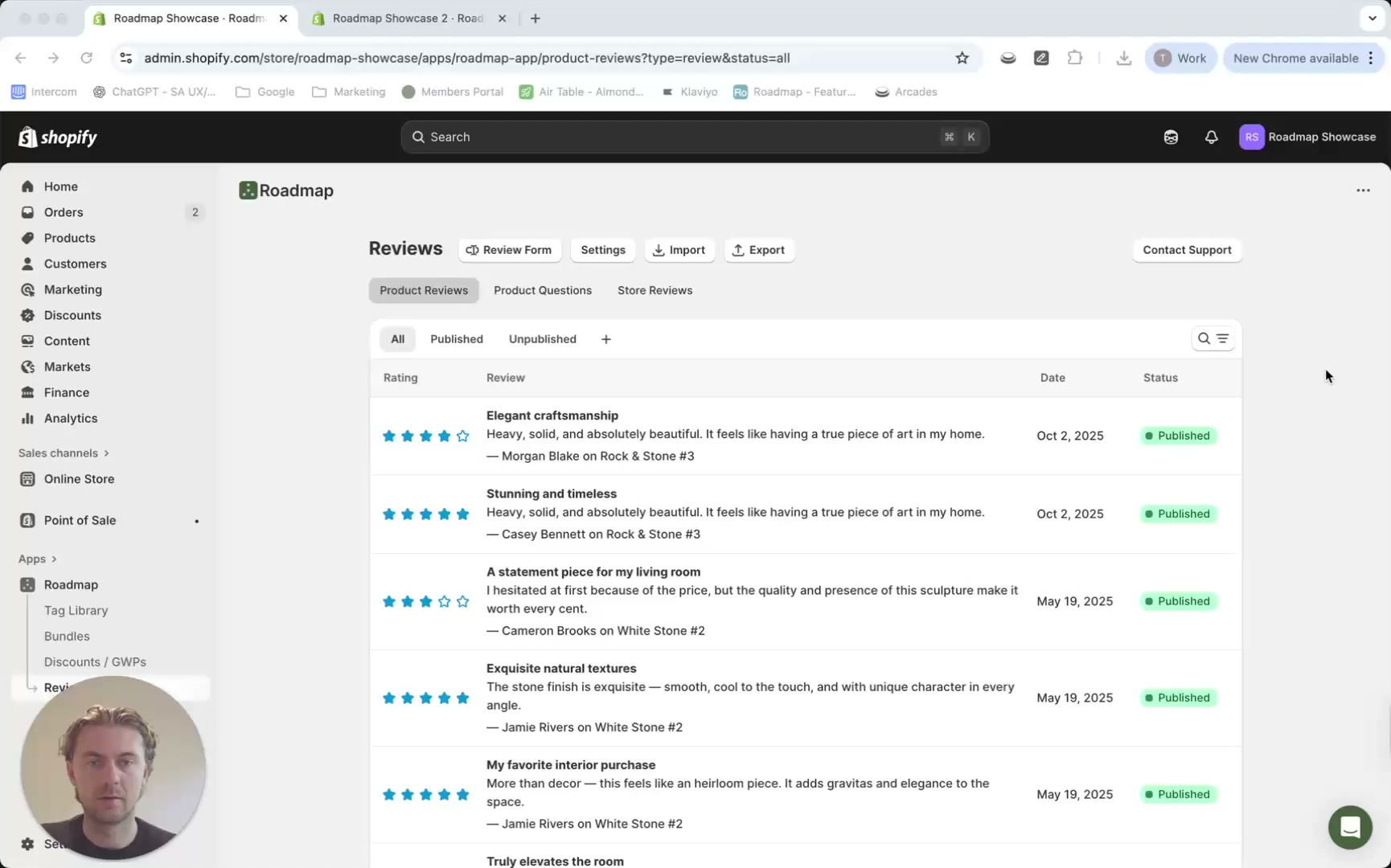 Roadmap Reviews page showing published product reviews list with ratings, dates, and Published status