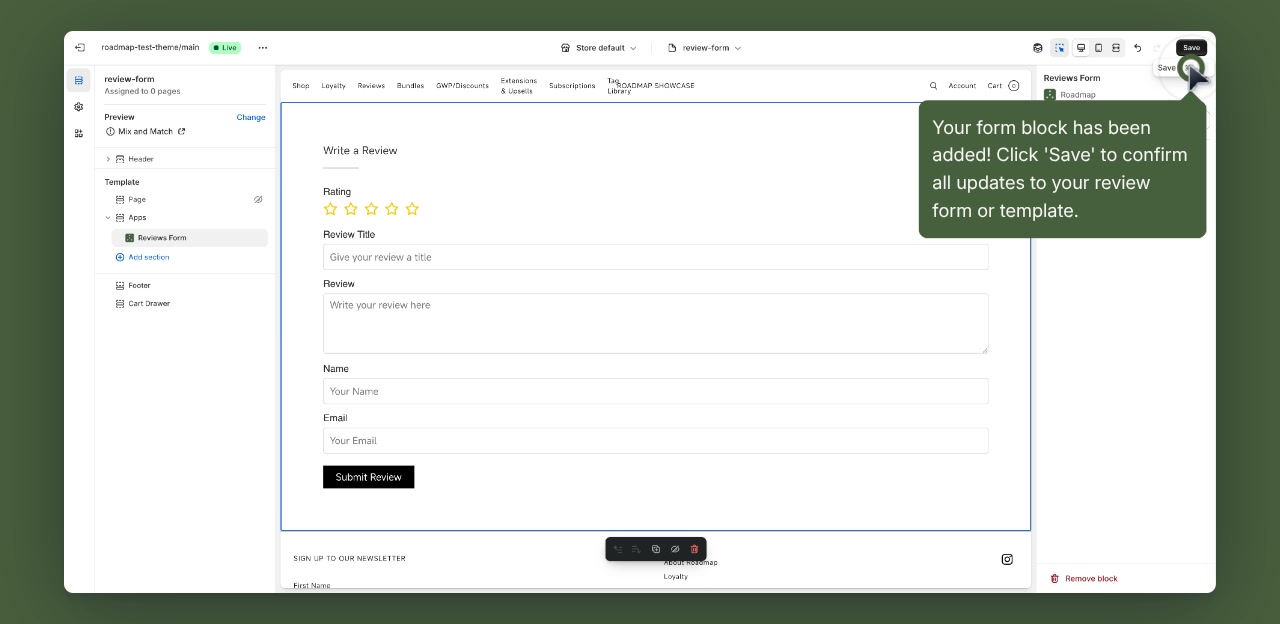 Reviews Form section added to template with Save button visible