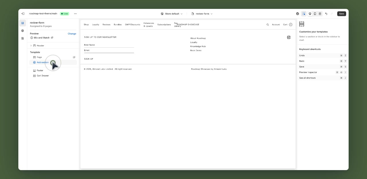 Template sidebar showing Add section