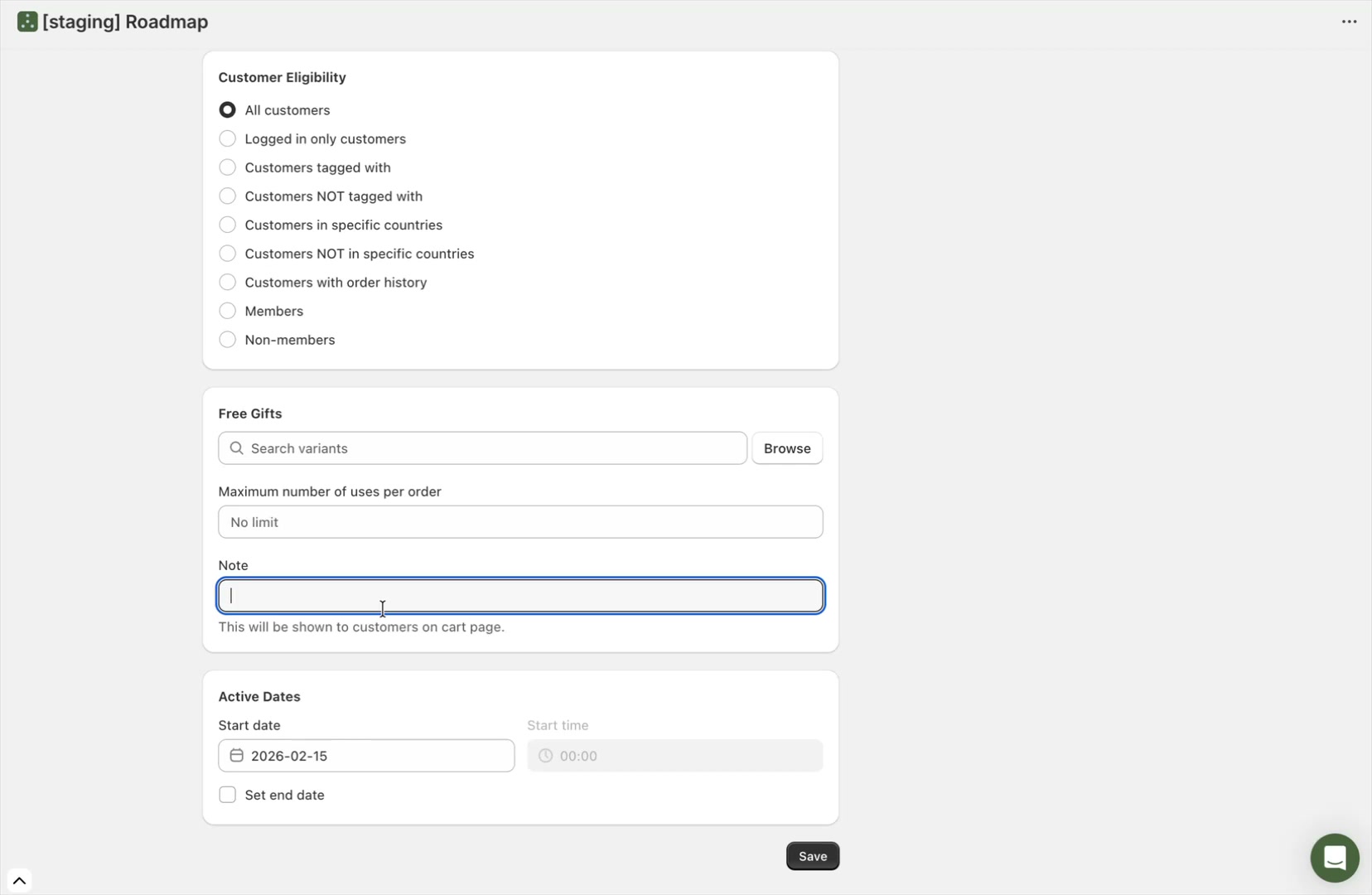 Active Dates section with start date and optional end date, and the Save button
