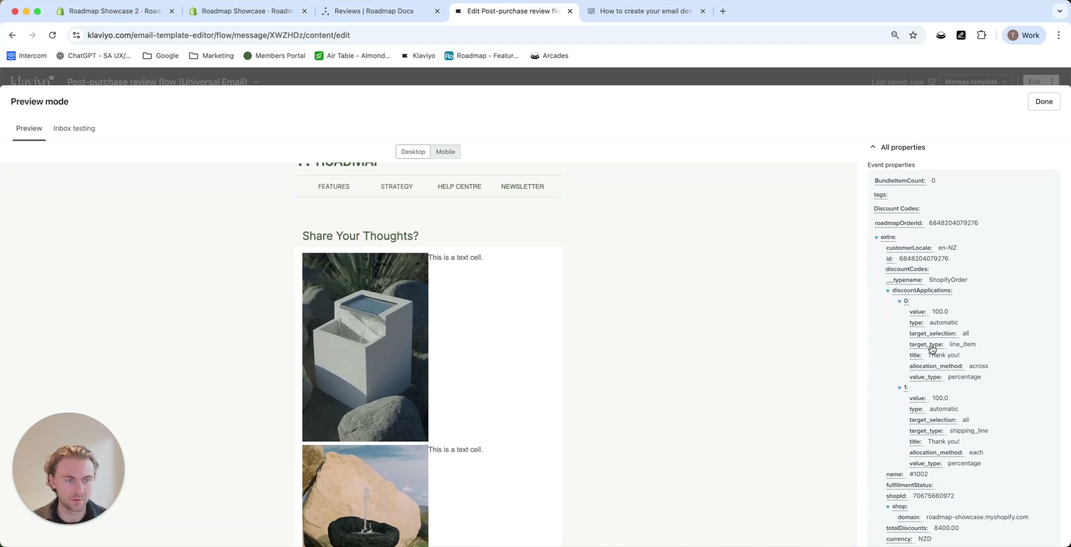 Preview mode showing the dynamic table rendered with two products and event properties on the right
