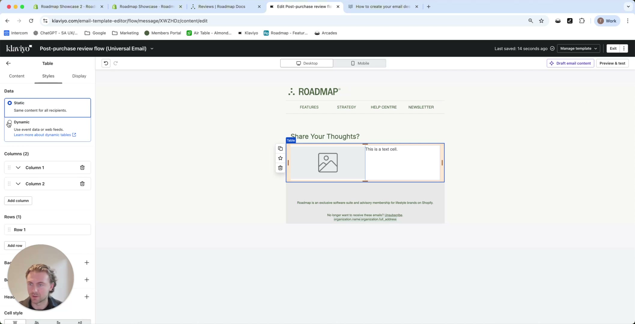 Klaviyo Table Styles tab with Data set to Dynamic
