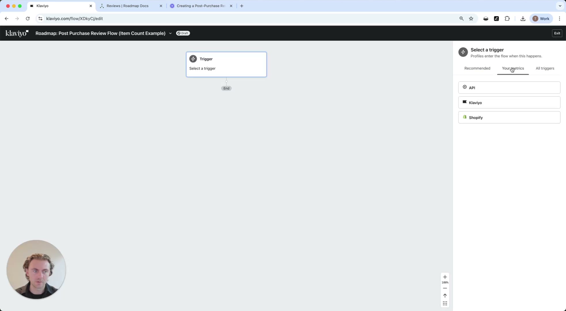 Flow editor with Select a trigger panel open and the Your metrics tab selected