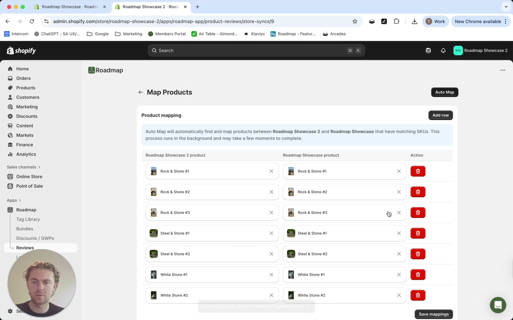 Map Products page showing Auto Map, Add row, and a list of mapped products between two stores with Save mappings