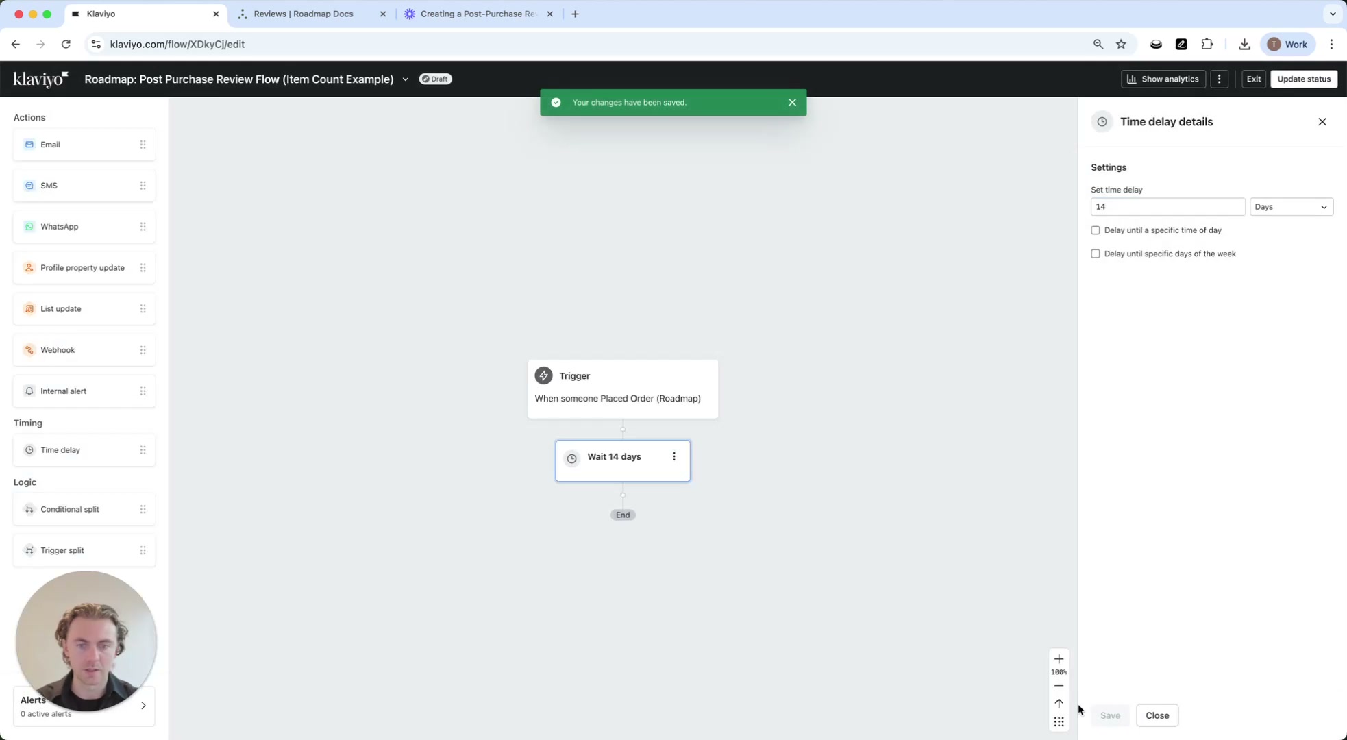 Time delay details panel set to 14 days with a Wait 14 days step on the canvas