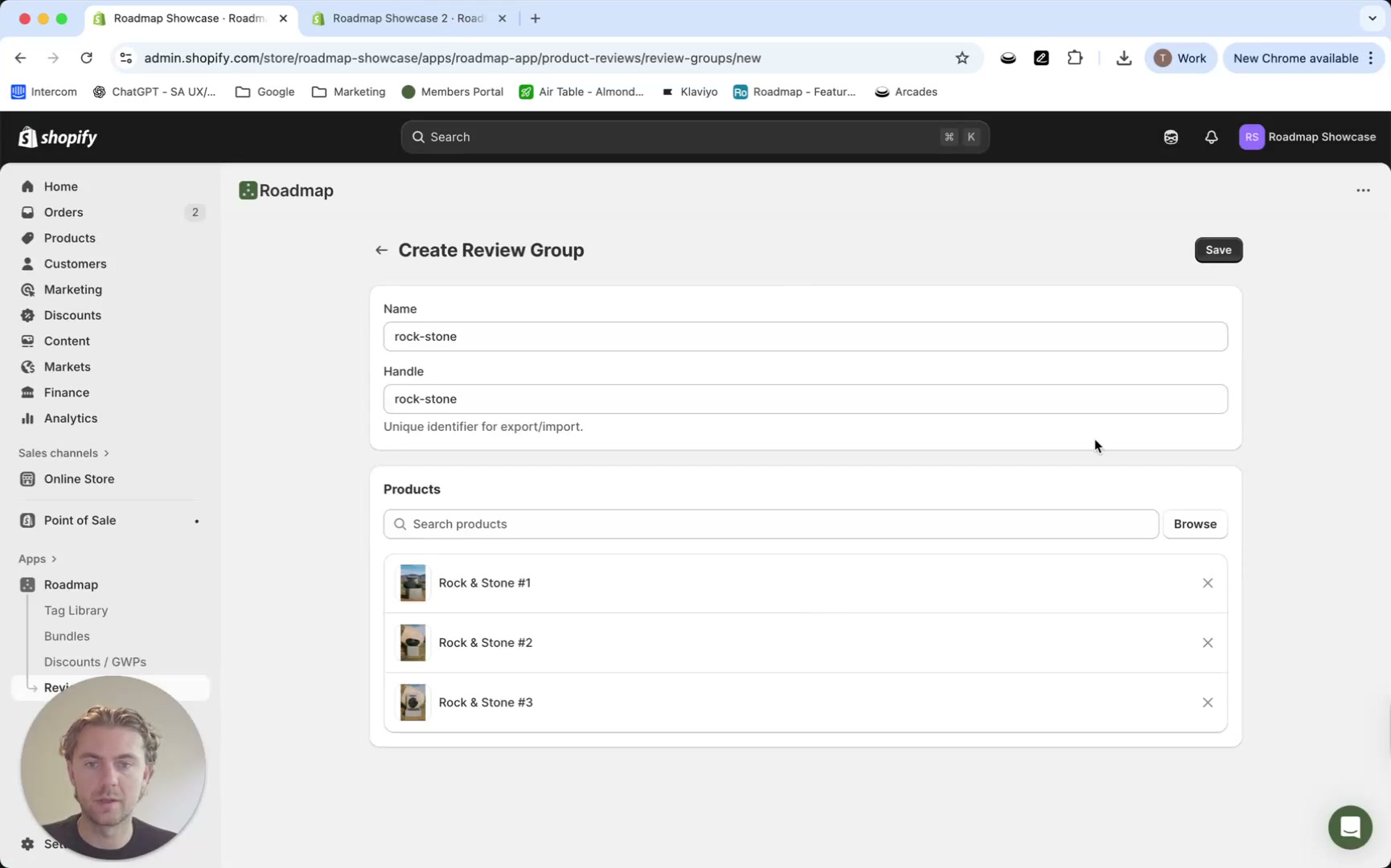 Shared Reviews page showing a created review group with aggregated rating/count and store sync status