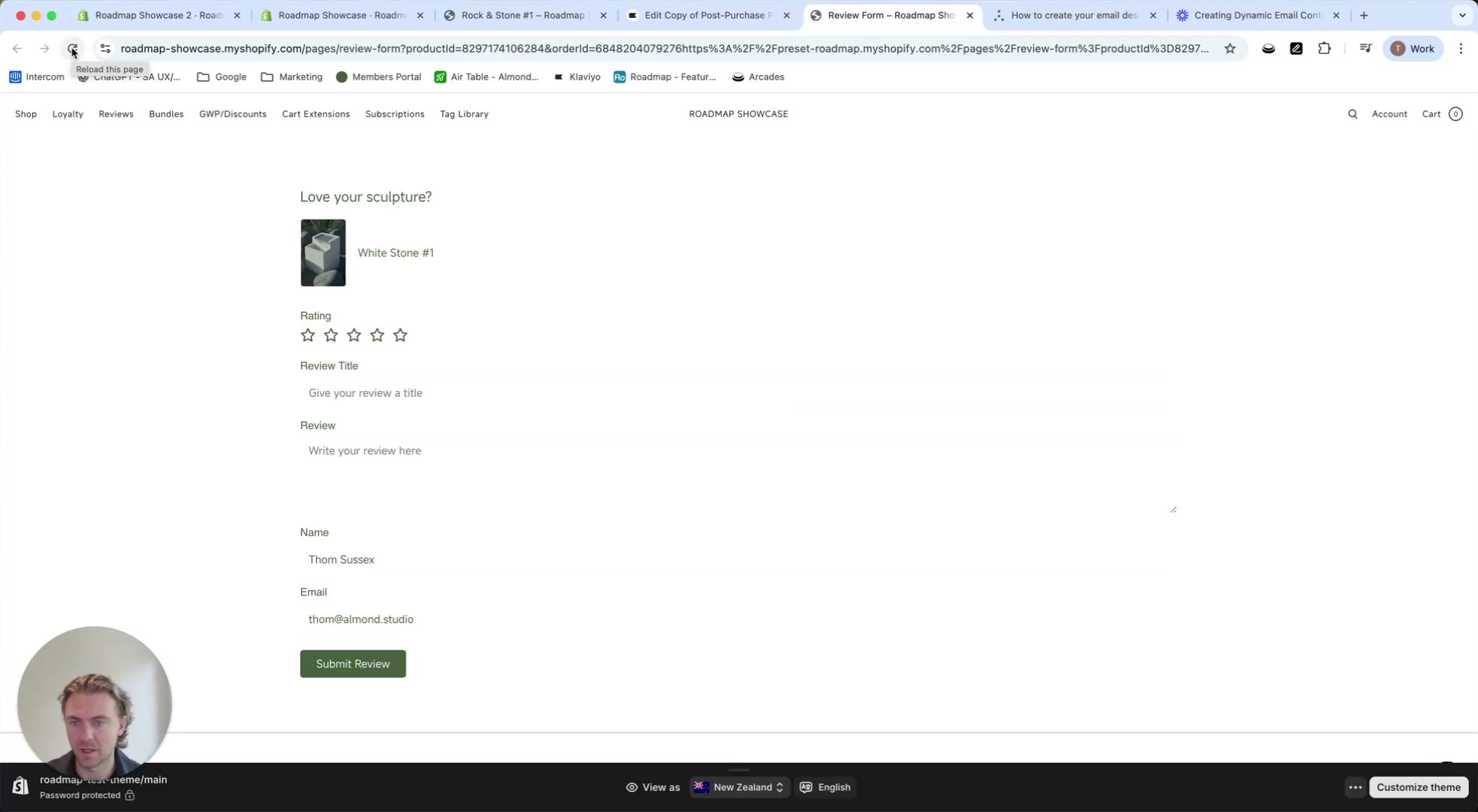 Roadmap review form page showing product, star rating, and review submission fields