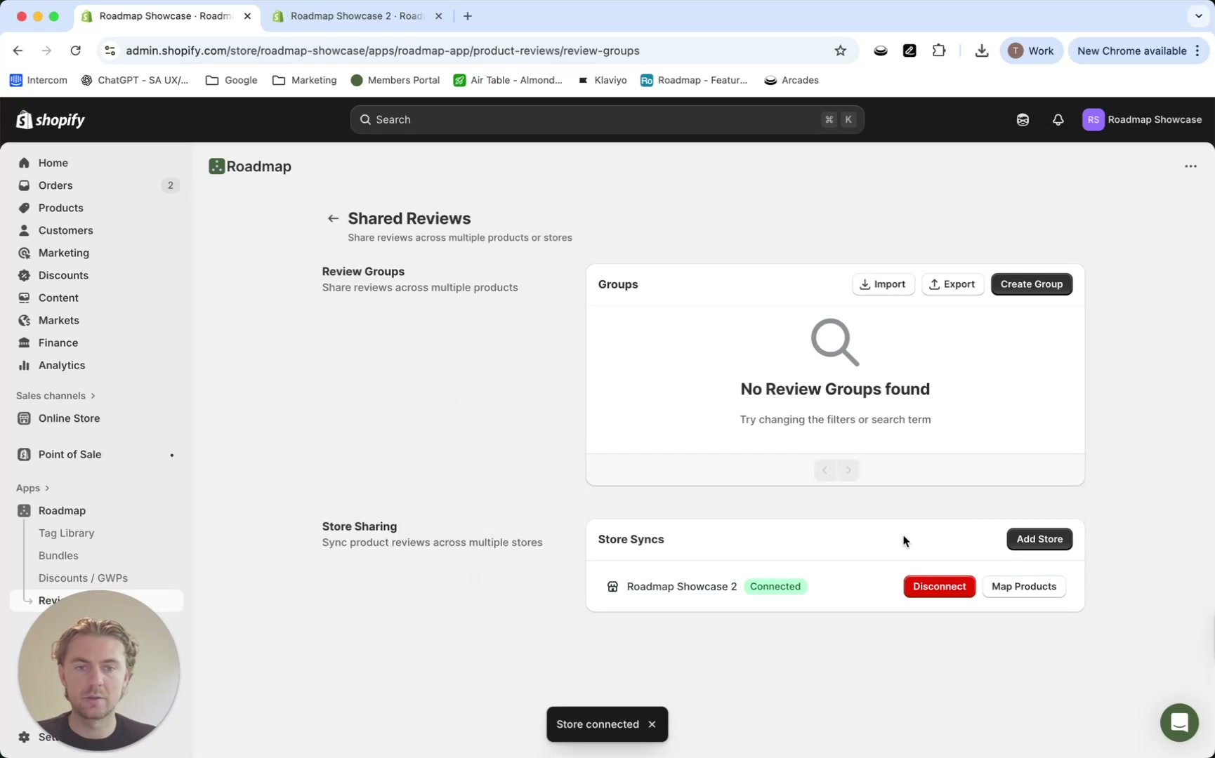 Shared Reviews page showing Review Groups (none found) and Store Syncs with a connected store plus Add Store, Disconnect, and Map Products buttons