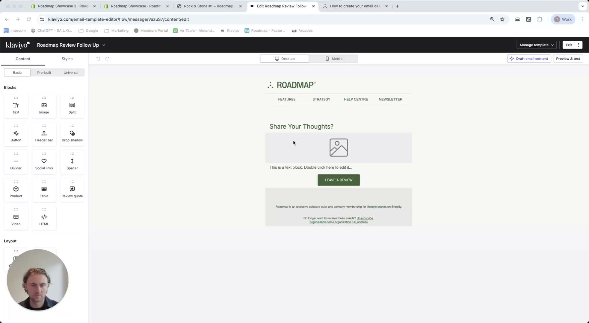 Klaviyo email editor with Blocks panel and Content tab visible