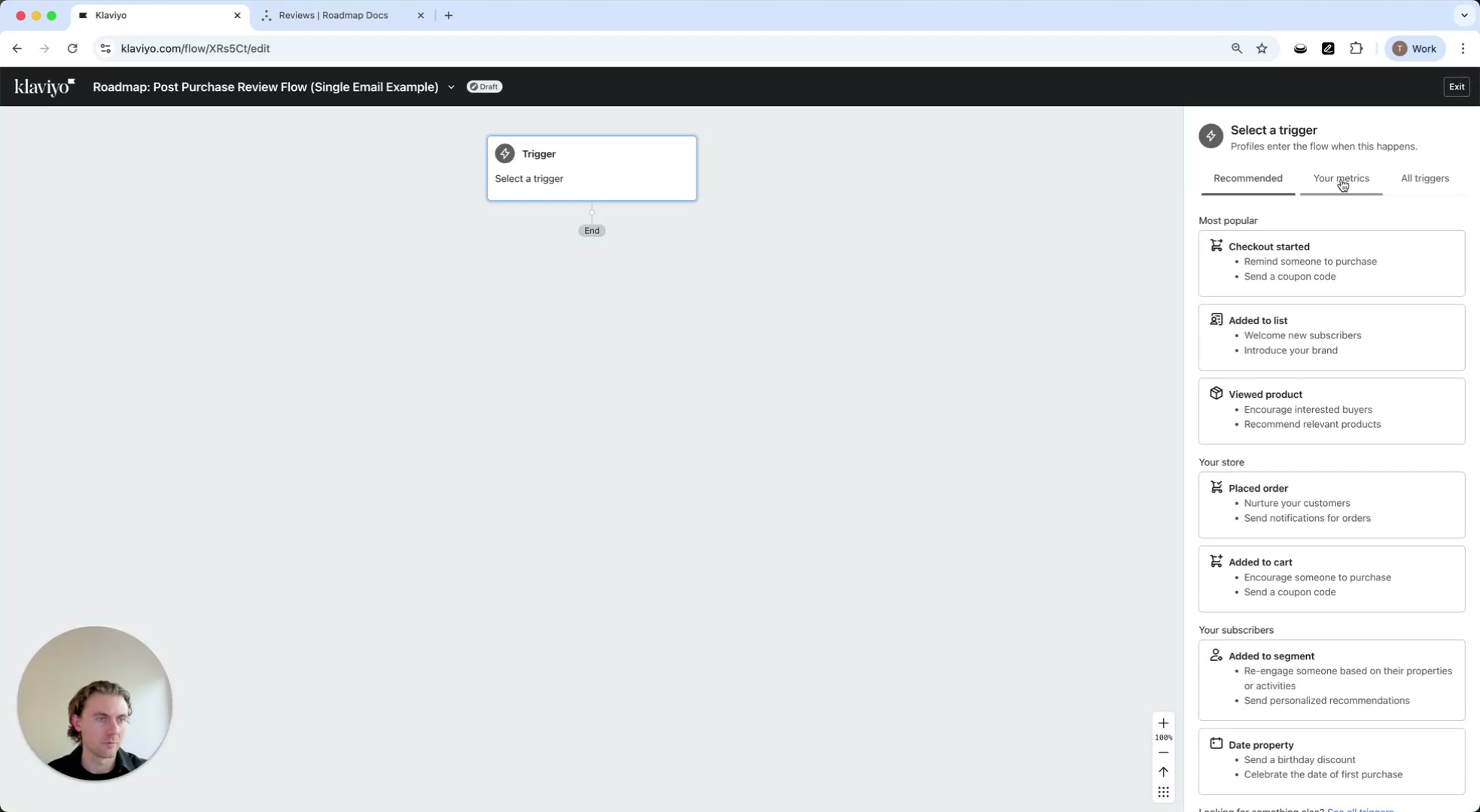 Flow builder prompting to select a trigger, with the Select a trigger panel on the right