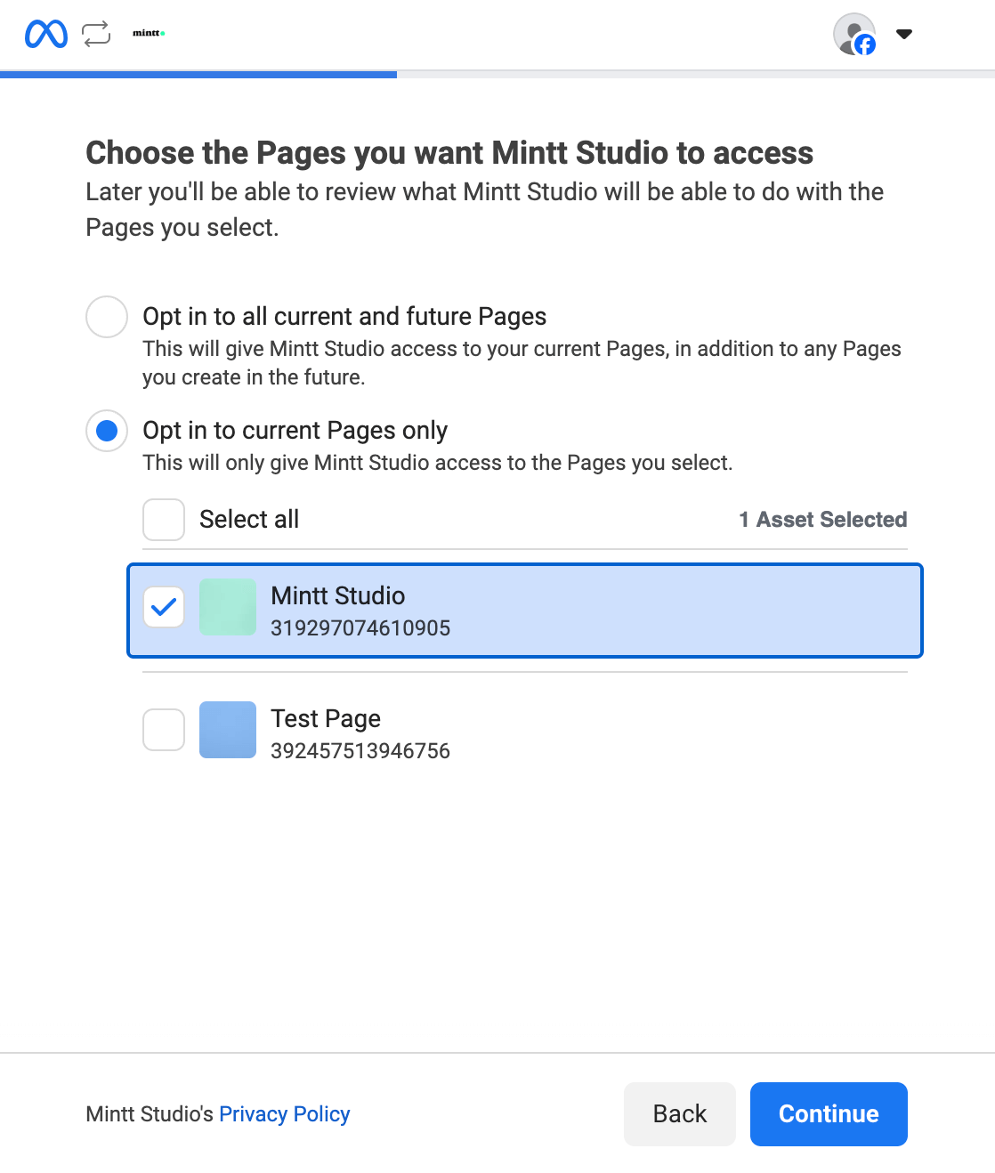 Screenshot of a Facebook screen with a business account selected.