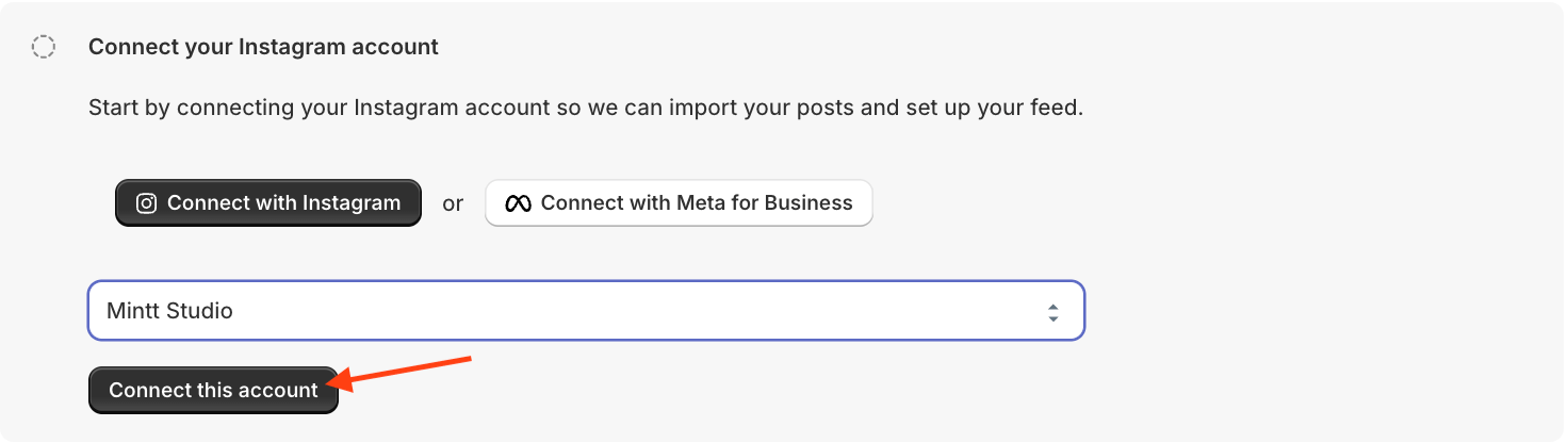 Instafeed dashboard highlighting the 'Connect this account' button.