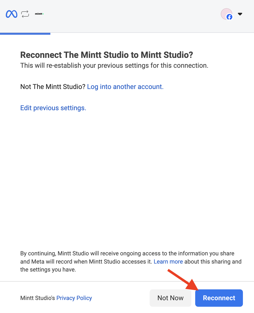Screenshot of the Facebook connection settings pop-up showing a red arrow pointing to the 'Reconnect' button.