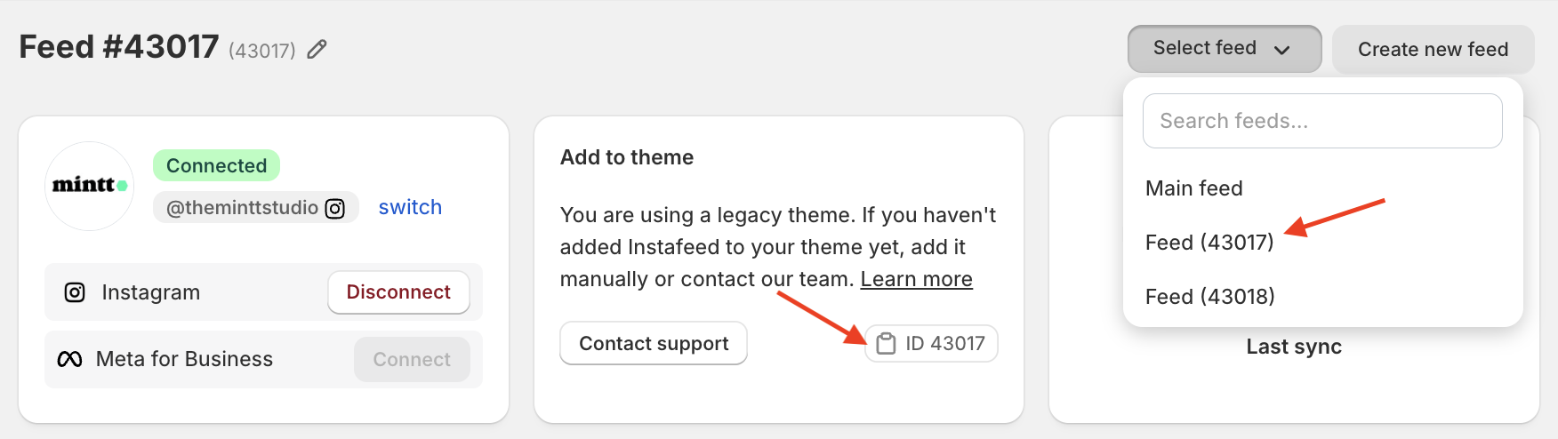 Screenshot of Instafeed app, showing red arrows pointing to a secondary feed and its respective feed ID.
