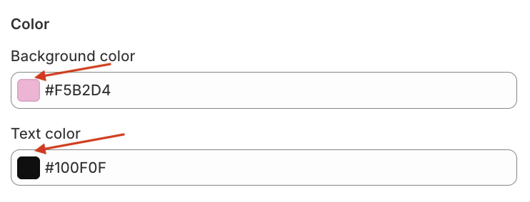 Two red arrows pointing to the Background color and Text color options of the Mintt - Free Gift app.