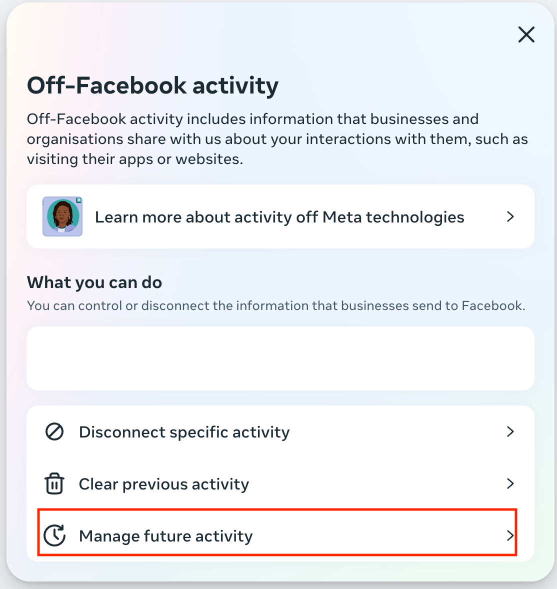 Screenshot of Facebook 'Off-Facebook activity' setting showing how to Manage future activity.