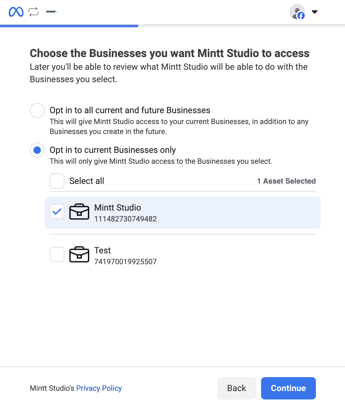 Screenshof of a Facebook screen with a business asset selected.