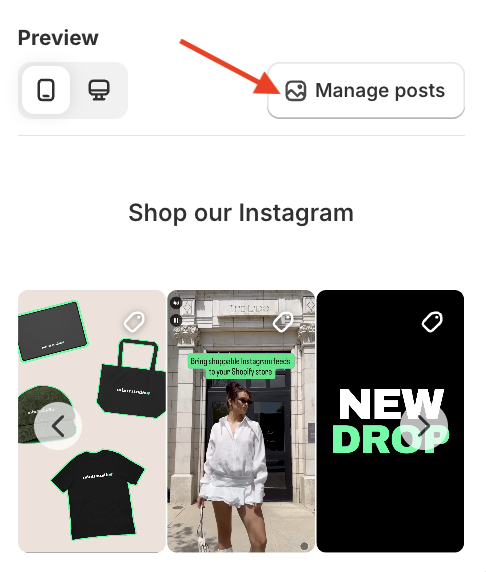 Instafeed app showing the preview of an Instagram feed, and a red arrow pointing to the manage posts button.