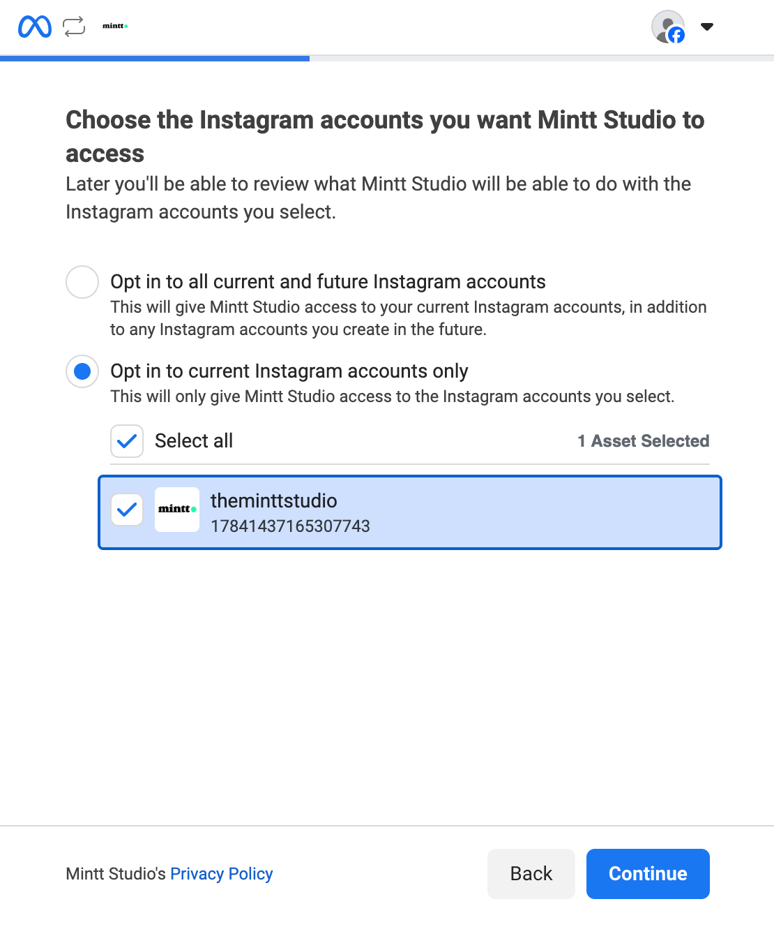 Screenshot of a Facebook screen with an Instagram account selected.