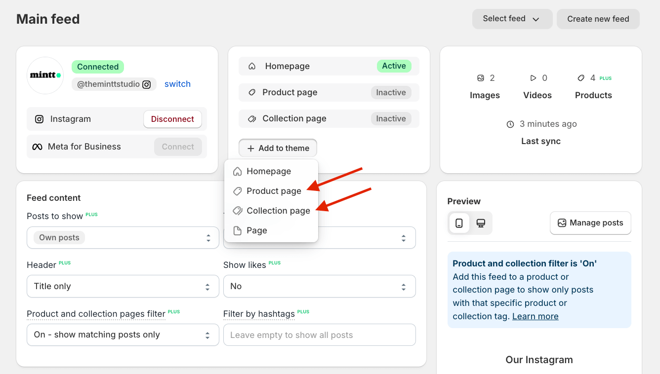 Screenshot of Instafeed app showing two red arrows pointing to the Product page and Collection page options under Add to theme.