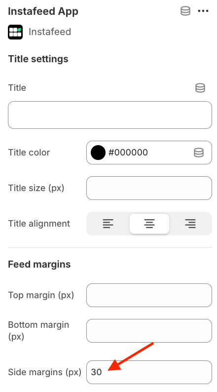 Instafeed app on Shopify theme editor, with a red arrow pointing to the side margins value (30px).