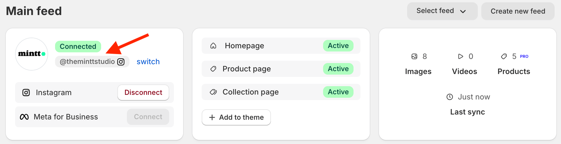 Screenshot of Instafeed app with a red arrow pointing to the Instagram account connected