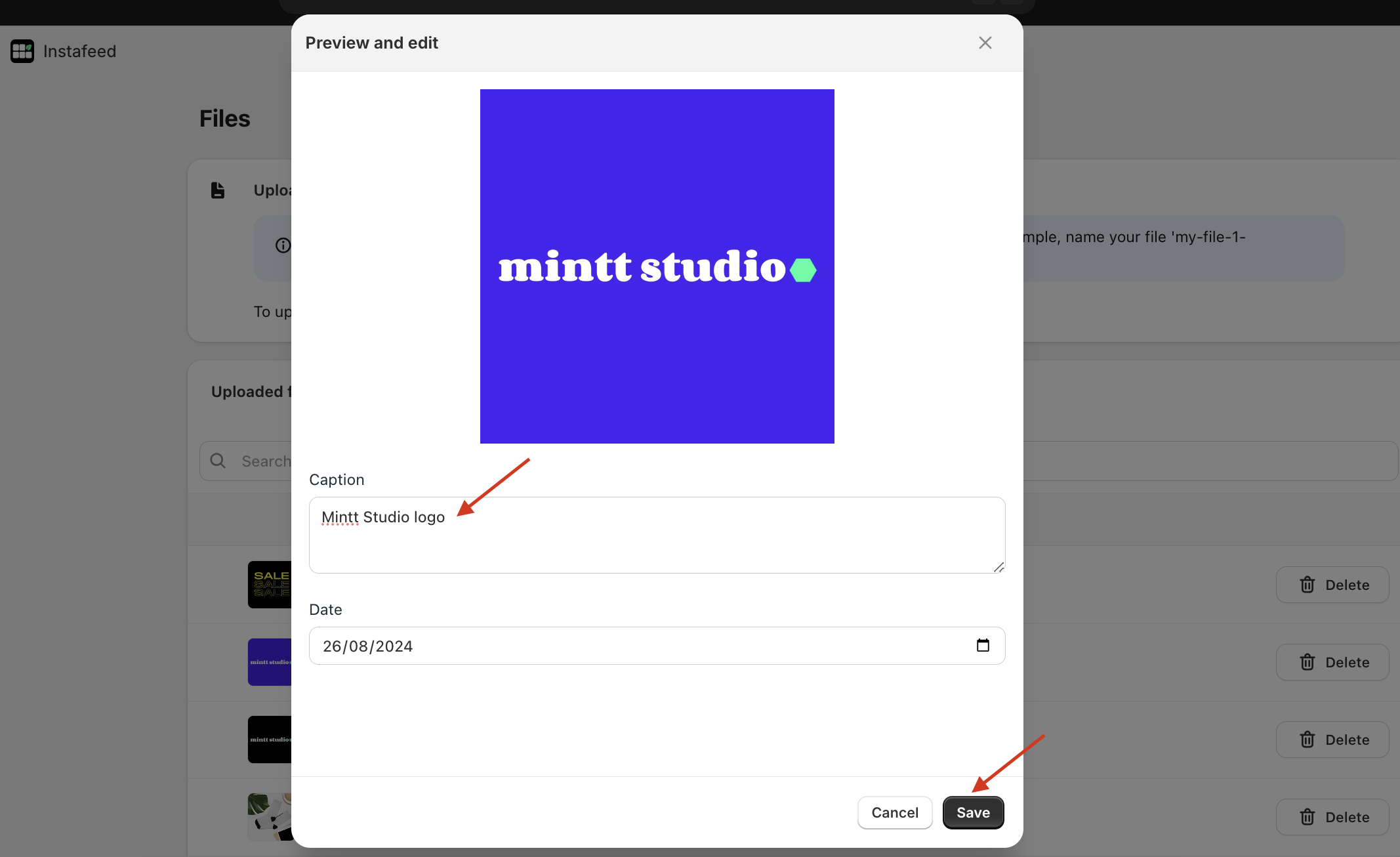 Preview and edit section showing how to add a caption.