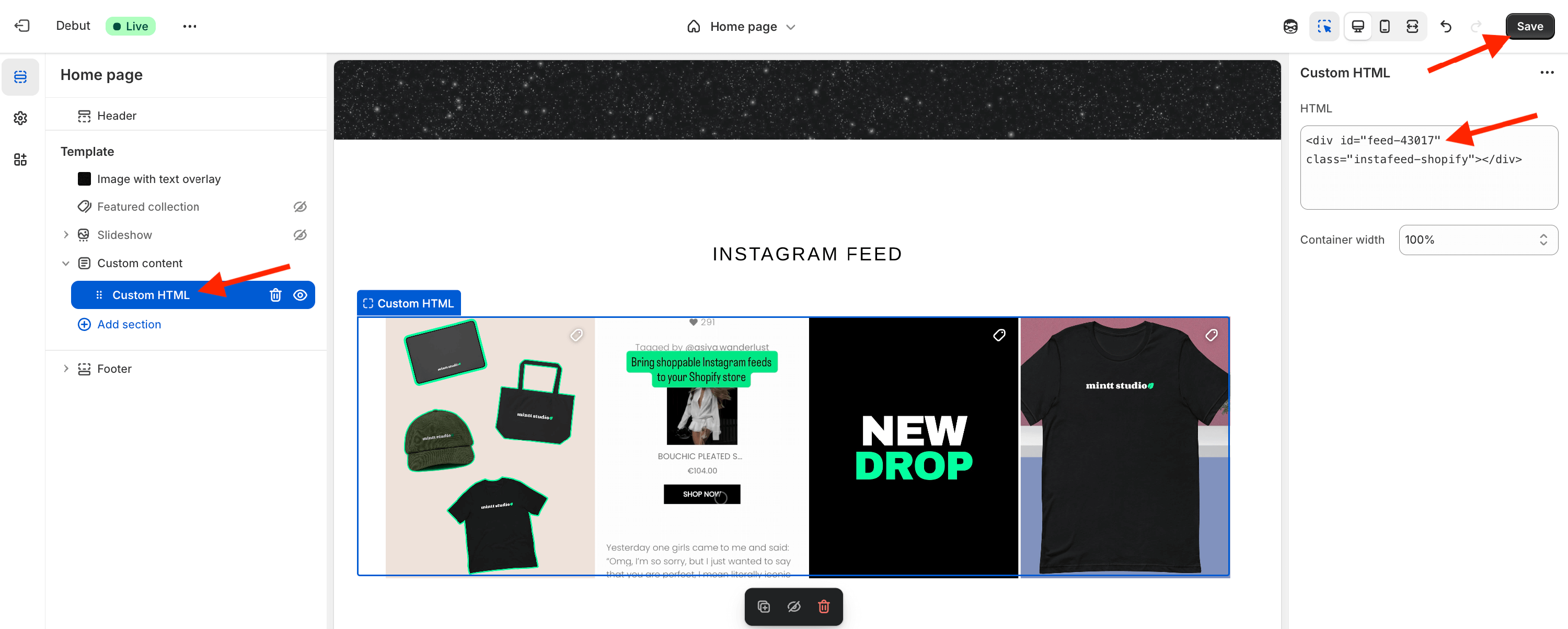 Screenshot of the theme customizer showing how to display add a secondary feed to a custom HTML section.