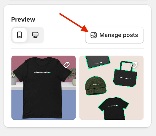 Preview section on the Instafeed app, with a red arrow pointing to the manage posts button.
