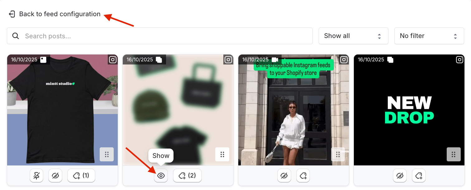 Instafeed app manage posts screen showing four Instagram posts, with a red arrow pointing to the show button on a post that's hidden.