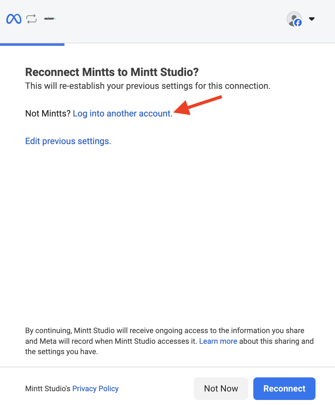 Screenshot of the Facebook connection settings pop-up showing a red arrow pointing to the 'Log into another account' option.