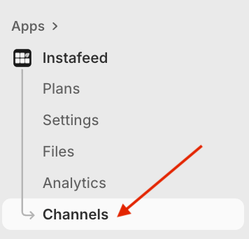 Shopify admin, showing the Instafeed app channels page highlighted.
