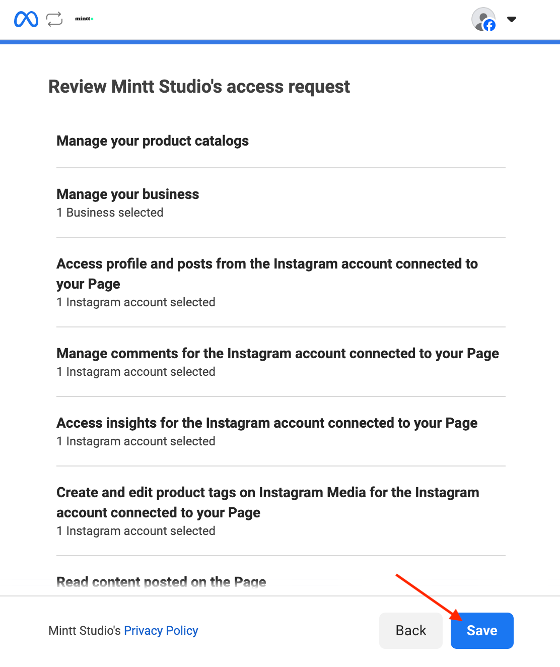 Screenshot of a Facebook screen with a red arrow showing how to save preferences.