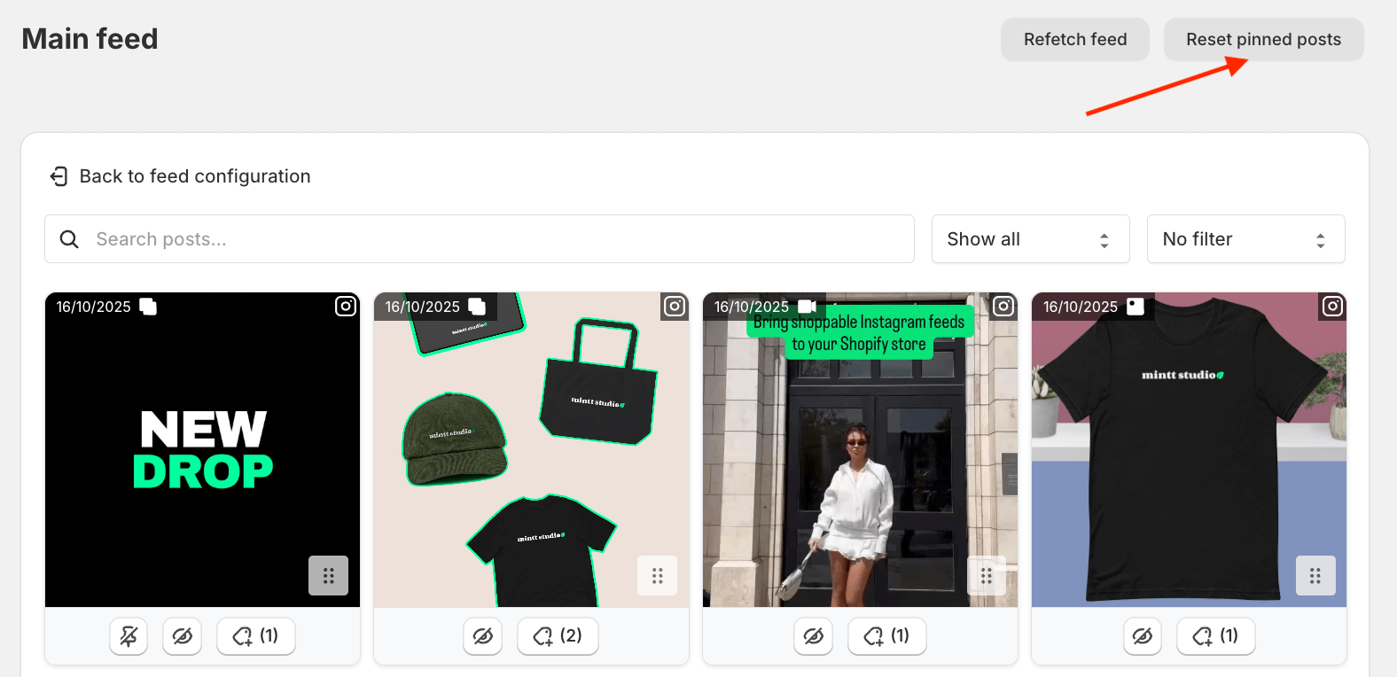 Screenshot of Instafeed app with a red arrow pointing to the reset all posts button.