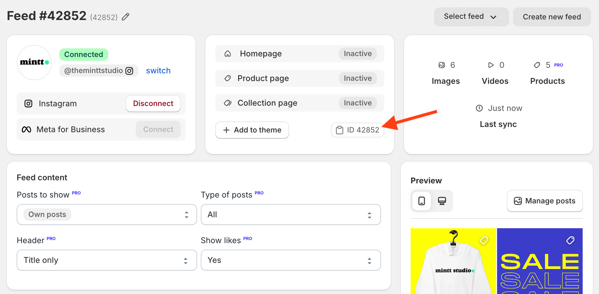 Screenshot of Instafeed app with a red arrow pointing to the 'ID' field.
