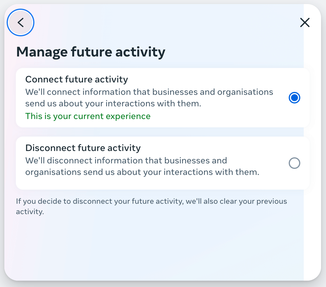 Screenshot of Facebook 'Off-Facebook activity' setting showing how to Connect future activity.