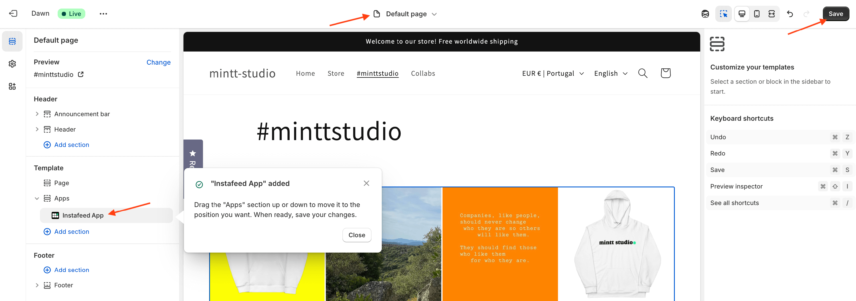 Shopify theme editor showing the Instafeed App section added and the Save button highlighted.