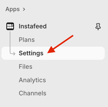 Instafeed app left menu on Shopify, with a red arrow pointing to Settings.