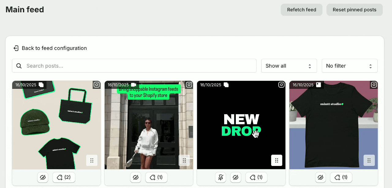 Animated image showing a post being moved to the first position of an Instagram feed.