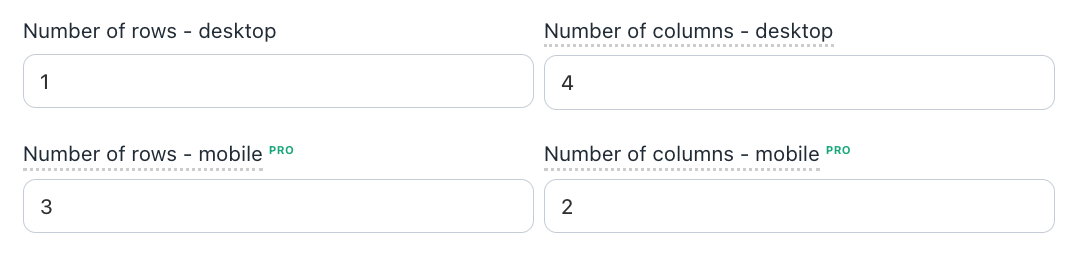 Number of rows and columns settings on Instafeed, for mobile and desktop.