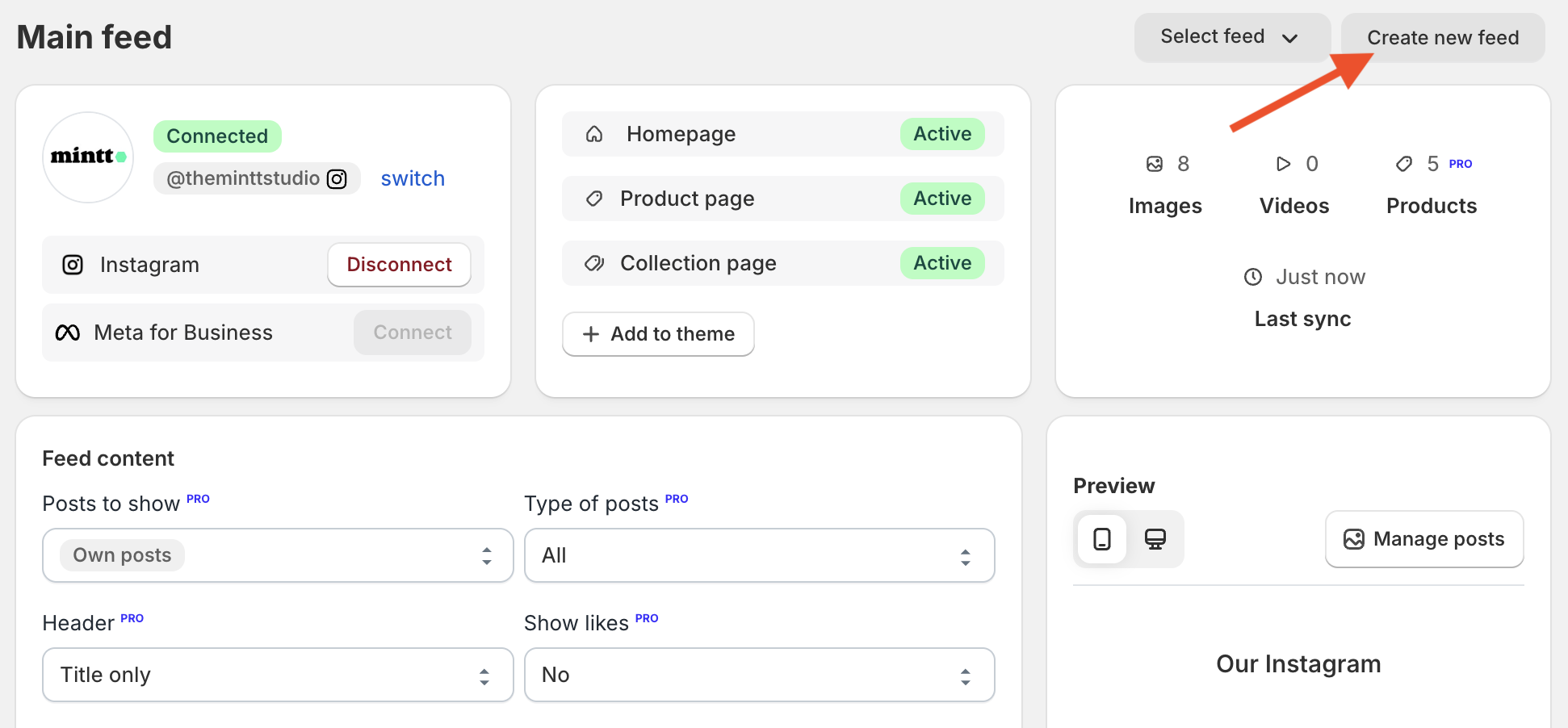 Screenshot of Instafeed app with a red arrow pointing to the 'Create new feed' button.