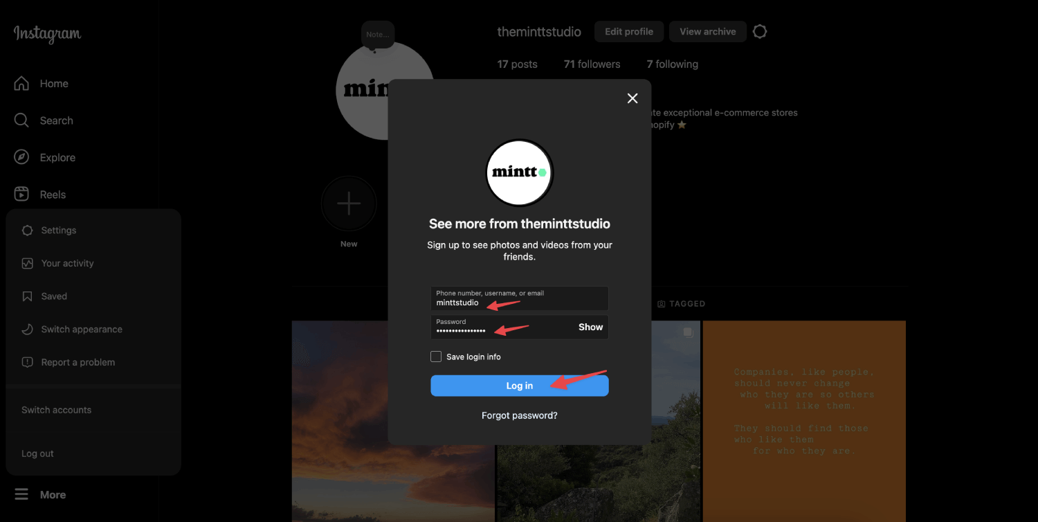 Instagram website showing the log in pop-up, with red arrows pointing to the username, password and Log In button.