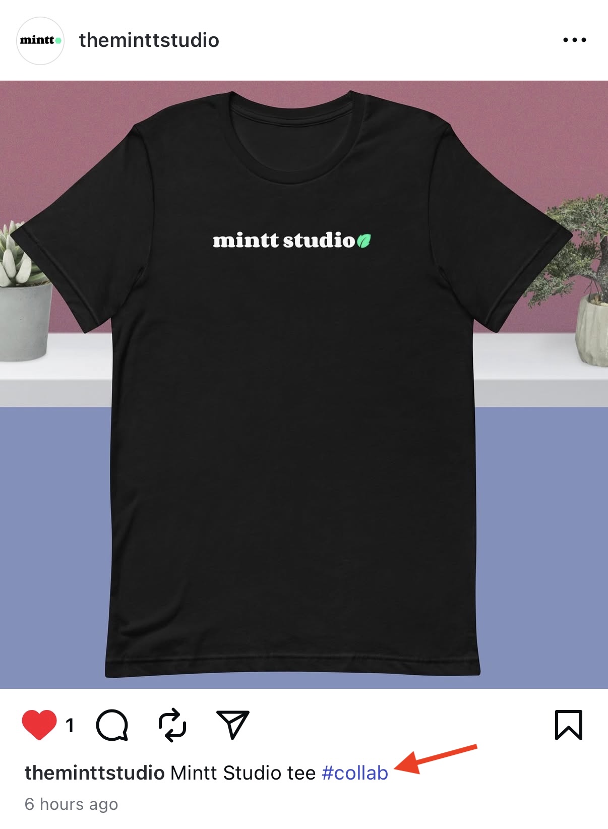 Screenshot of an Instagram post with a red arrow pointing to the hashtag 'collab' in the caption.
