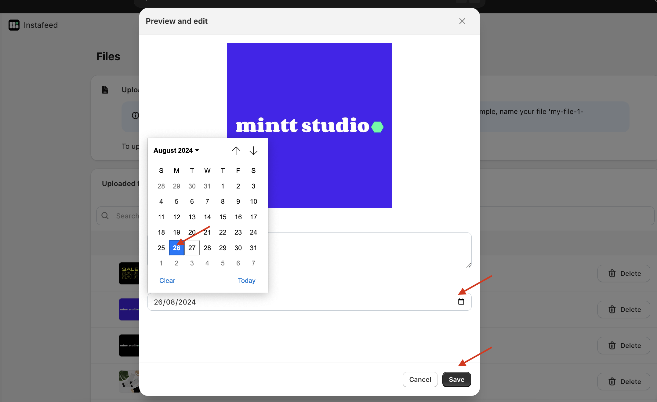 Preview and edit section showing how to change date.