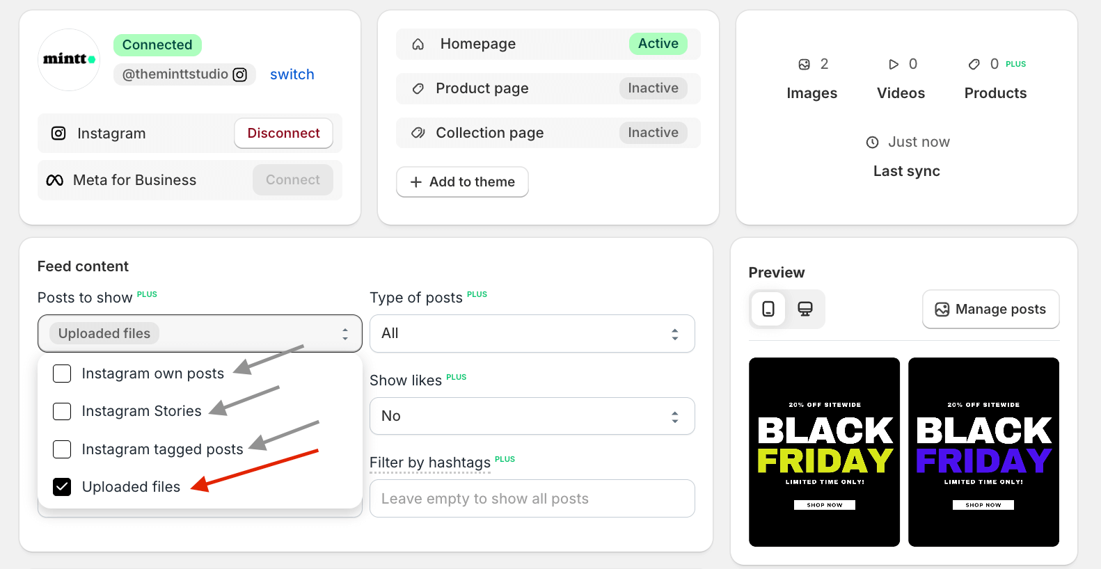 Instafeed app page with posts to show options highlighted.