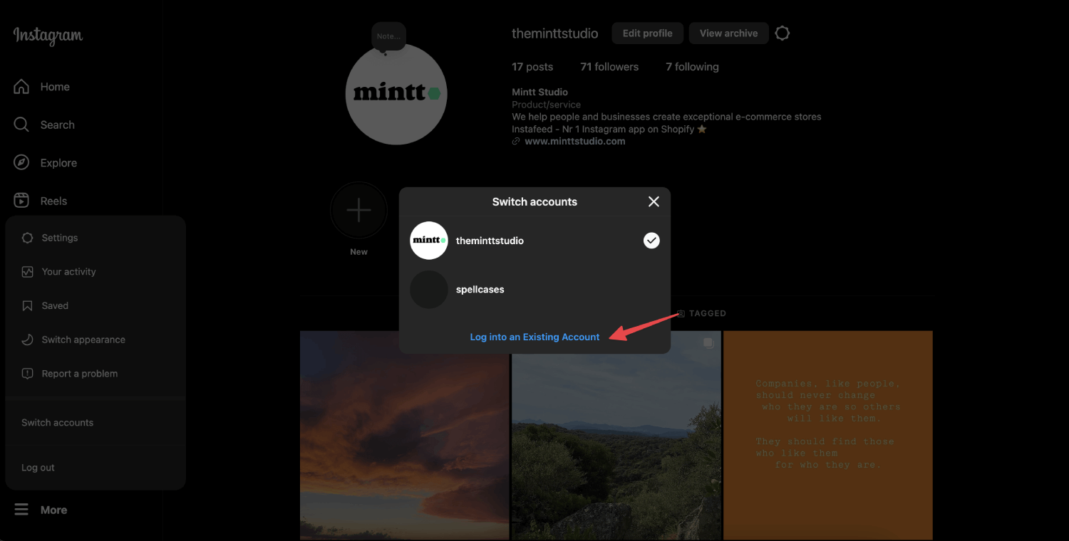 Instagram website showing the switch accounts pop-up, with a red arrow pointing to 'log into an existing account'.