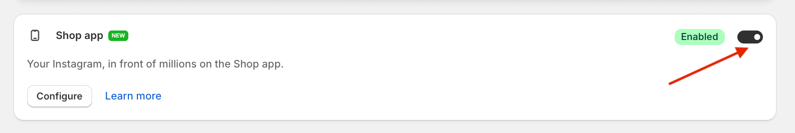 Screenshot of Instafeed app channels page, with a red arrow pointing to the Enabled toggle.