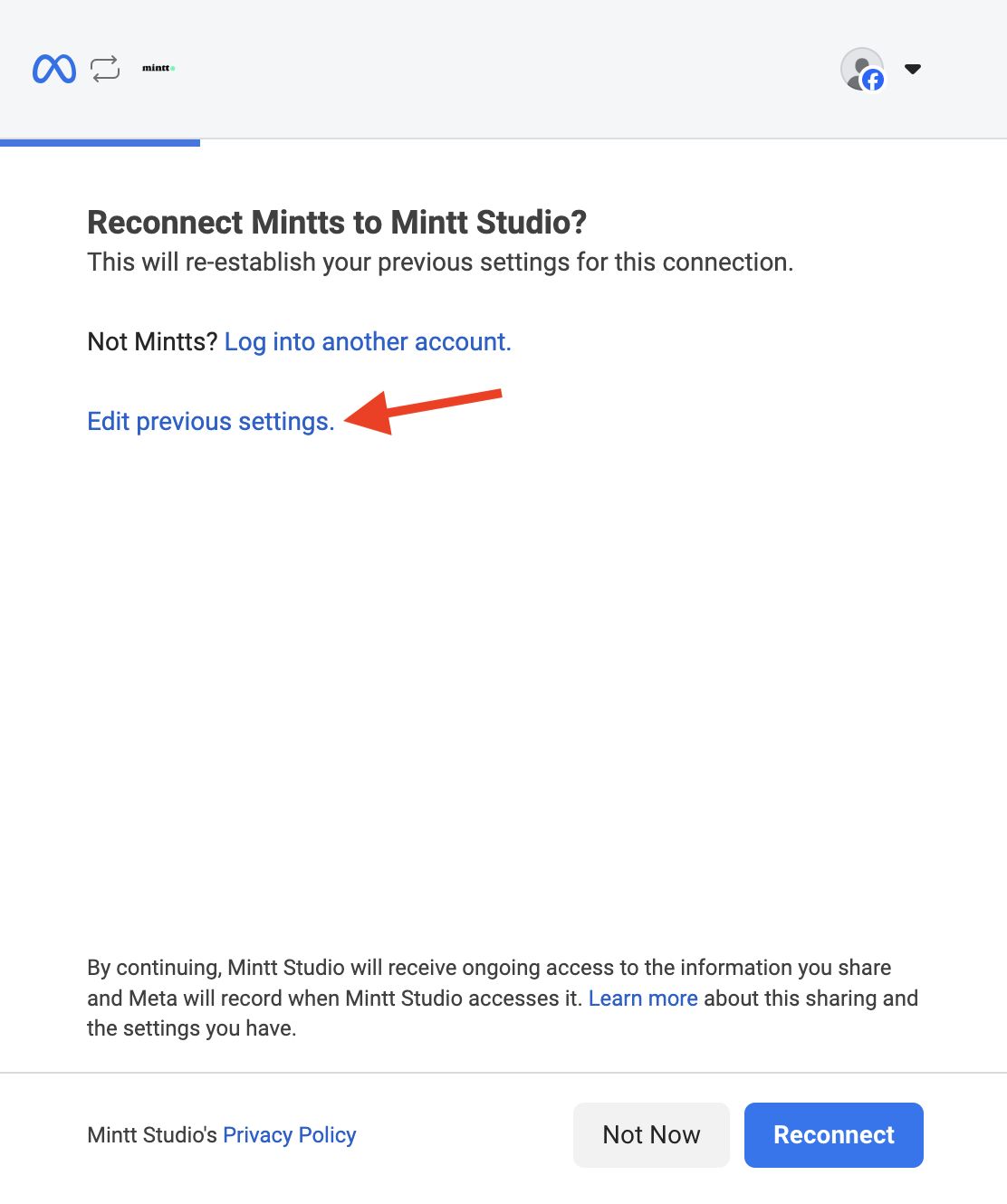 Screenshot of the Facebook connection settings pop-up showing a red arrow pointing to the 'Edit previous settings.' option.